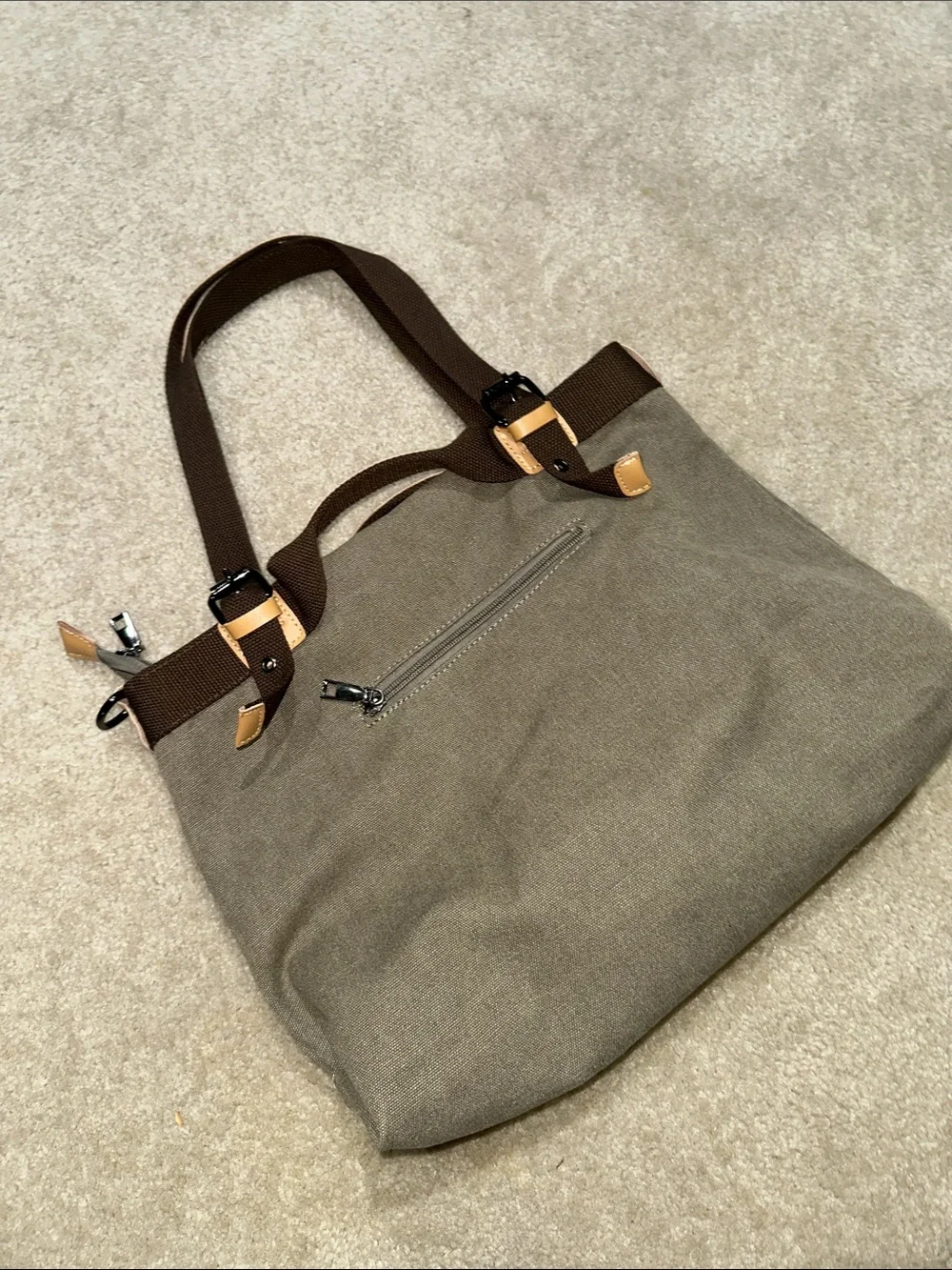 K-Two Olive Canvas Tote with Dark Brown Straps
